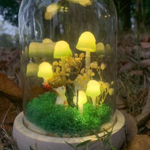 Green Mushroom Lamp with Couple Cats & Butterfly & Ladybug