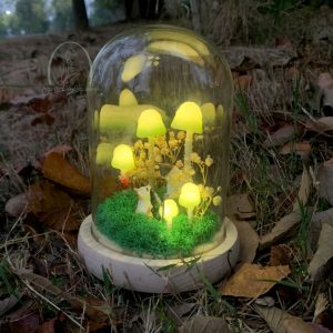 Green Mushroom Lamp with Couple Cats & Butterfly & Ladybug